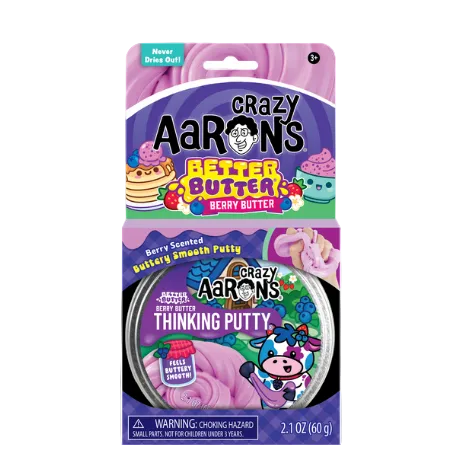 Crazy Aaron’s Better Butter - Berry Thinking Putty comes in purple packaging with cartoon berries and a cow illustration, and is labeled 2.1 oz (60g). This berry-scented putty from Crazy Aarons is perfect for sensory play and creative fun.