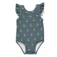 The Rylee & Cru Baby Girls' & Girls' Scoop Back Onepiece, a gray swimsuit with UPF 50+, white anchor patterns, and ruffled sleeves, is shown against a white background.