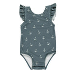 The Rylee & Cru Baby Girls' & Girls' Scoop Back Onepiece, a gray swimsuit with UPF 50+, white anchor patterns, and ruffled sleeves, is shown against a white background.