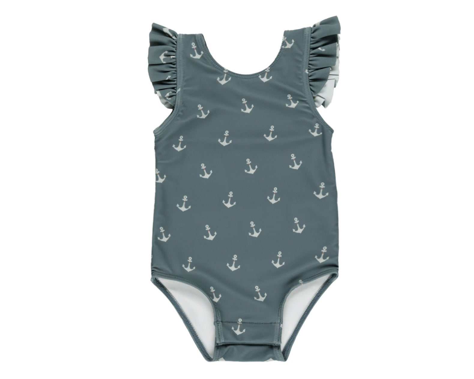 The Rylee & Cru Baby Girls' & Girls' Scoop Back Onepiece, a gray swimsuit with UPF 50+, white anchor patterns, and ruffled sleeves, is shown against a white background.
