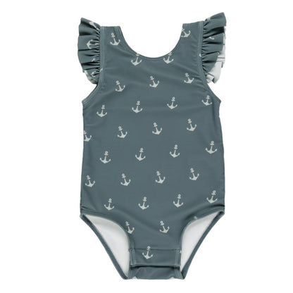 The Rylee & Cru Baby Girls' & Girls' Scoop Back Onepiece, a gray swimsuit with UPF 50+, white anchor patterns, and ruffled sleeves, is shown against a white background.
