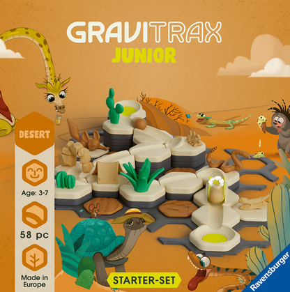 GraviTrax Junior: Desert Starter Set by GraviTrax—58-piece desert-themed STEM marble run for ages 3-7, with animal illustrations. Made in Europe; a fun and educational toy that sparks creativity and learning.