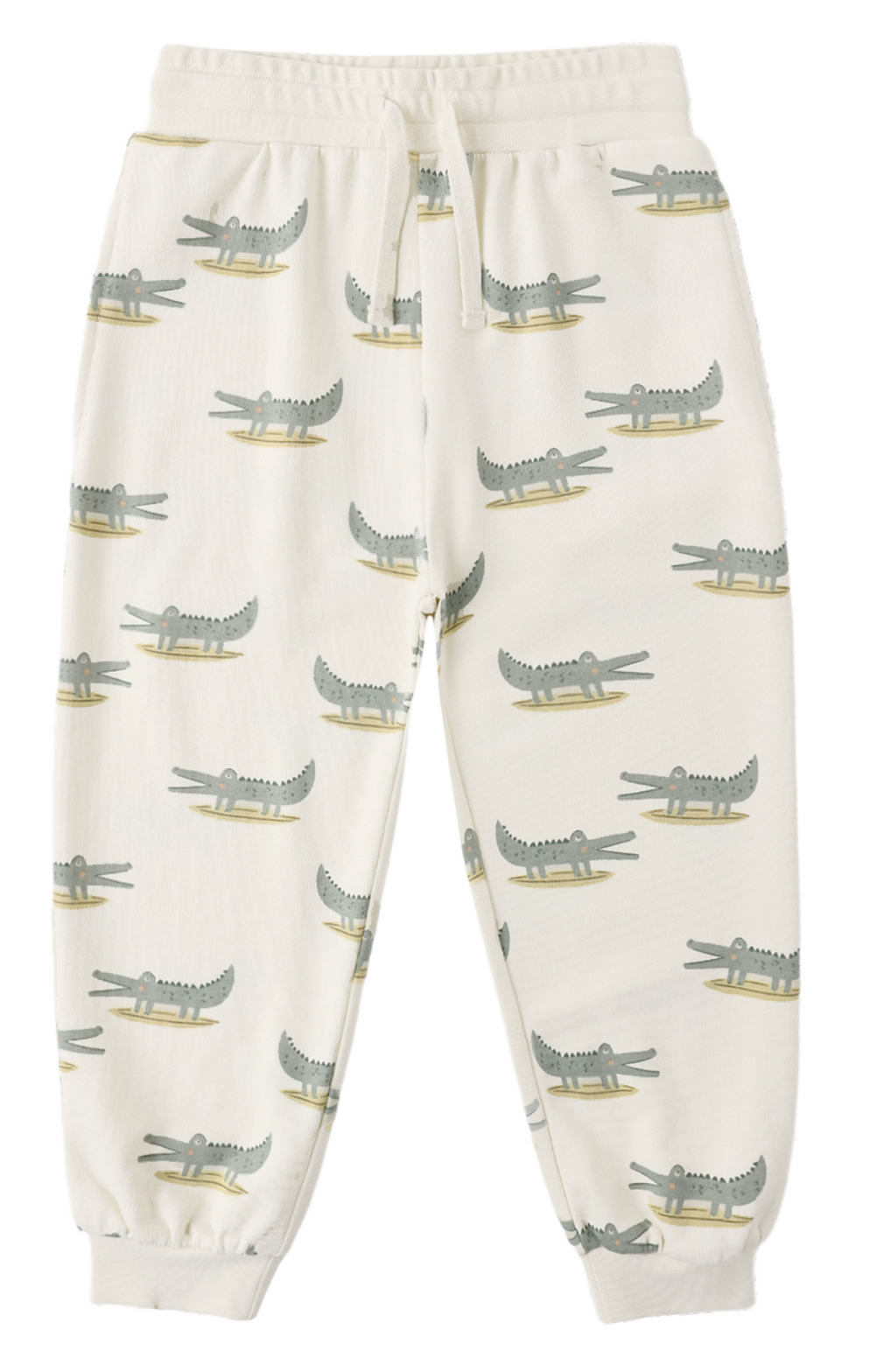The Rylee & Cru Baby Boys' and Boys' Jogger Sweatpant features an all-over green and yellow alligators print, elastic cuffs, drawstring waistband, and side pockets for kids.