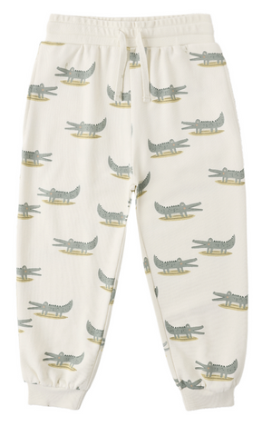 The Rylee & Cru Baby Boys' and Boys' Jogger Sweatpant features an all-over green and yellow alligators print, elastic cuffs, drawstring waistband, and side pockets for kids.