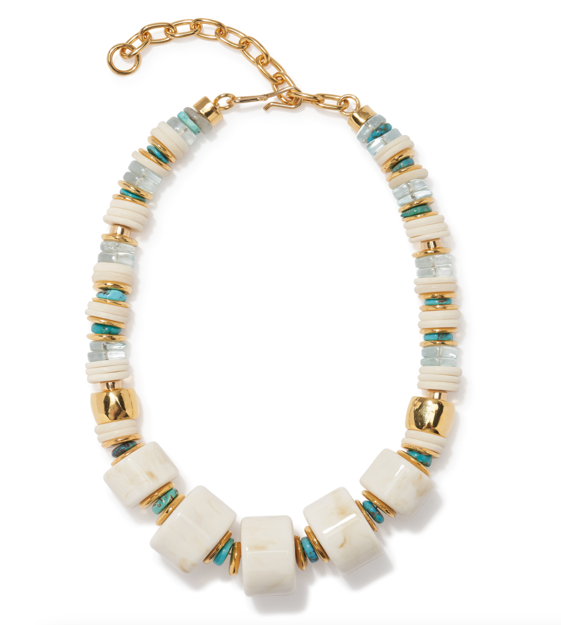 The Granada Necklace by Lizzie Fortunato features large white square beads, gold spacers, and small round white and Arizona turquoise beads, finished with a gold chain and clasp.