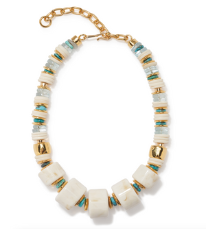The Granada Necklace by Lizzie Fortunato features large white square beads, gold spacers, and small round white and Arizona turquoise beads, finished with a gold chain and clasp.