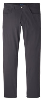 The Peter Millar Bingham Performance Five-Pocket Pant features a dark gray color, wrinkle-resistant fabric, straight-leg cut, front and back pockets, belt loops, and a button closure.