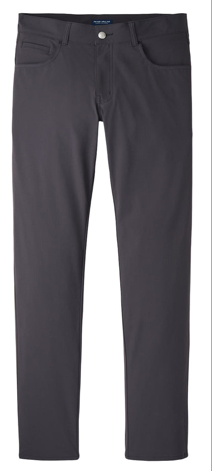 The Peter Millar Bingham Performance Five-Pocket Pant features a dark gray color, wrinkle-resistant fabric, straight-leg cut, front and back pockets, belt loops, and a button closure.