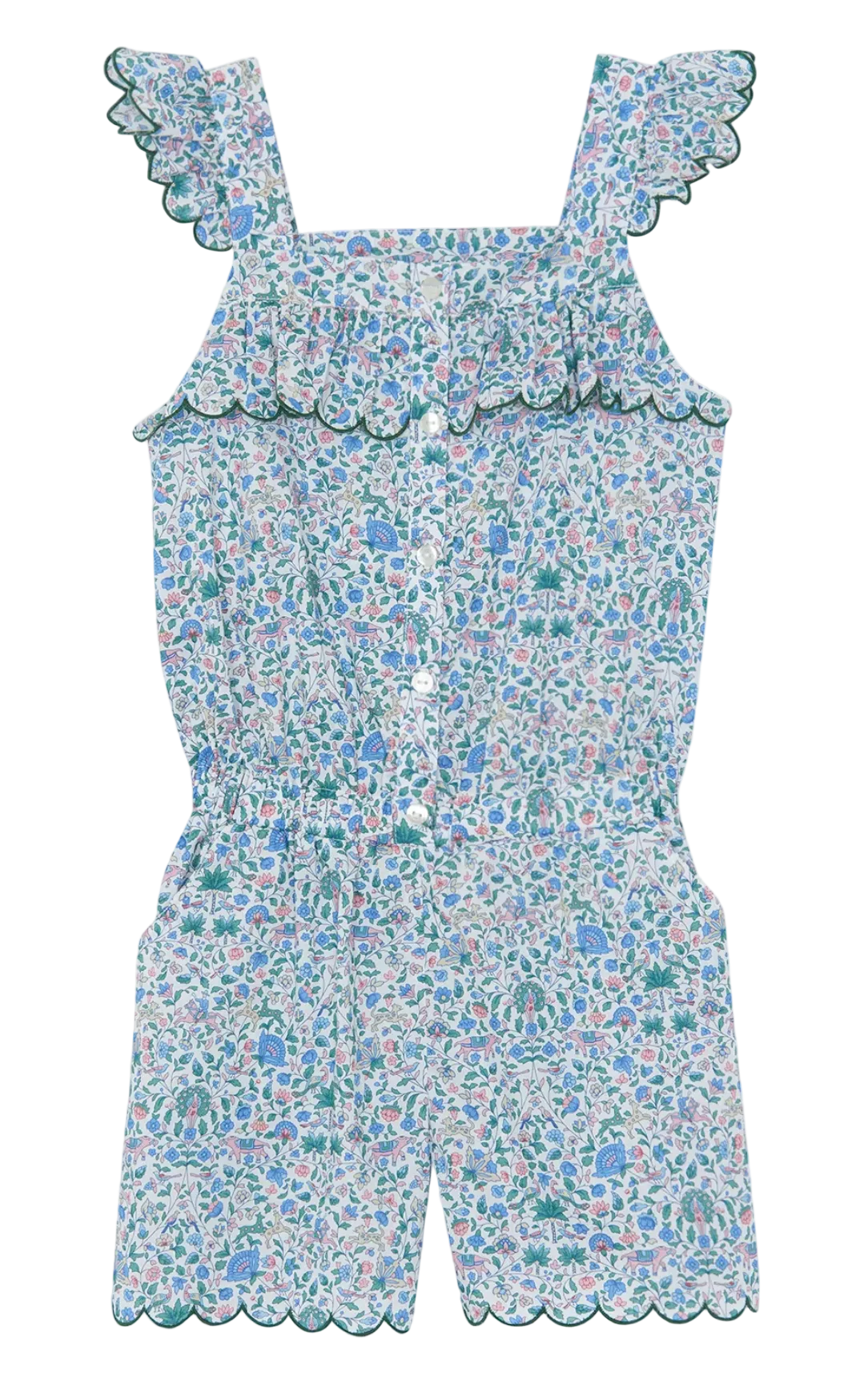 The Girls’ Liberty Print Short Jumpsuit by Tartine et Chocolat is a floral-patterned, sleeveless cotton romper for children, featuring ruffled straps, a button front, scalloped edges, and an elastic waist in predominantly blue, green, and pink hues—perfect for summer.