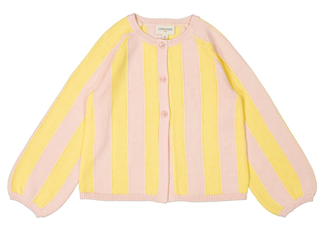 The Louis Louise Girls’ Gulsah Cardigan is a pink and yellow striped cotton sweater featuring long sleeves, a round neckline, and three front buttons. Displayed flat on a white background, this versatile layering piece is perfect for everyday style.
