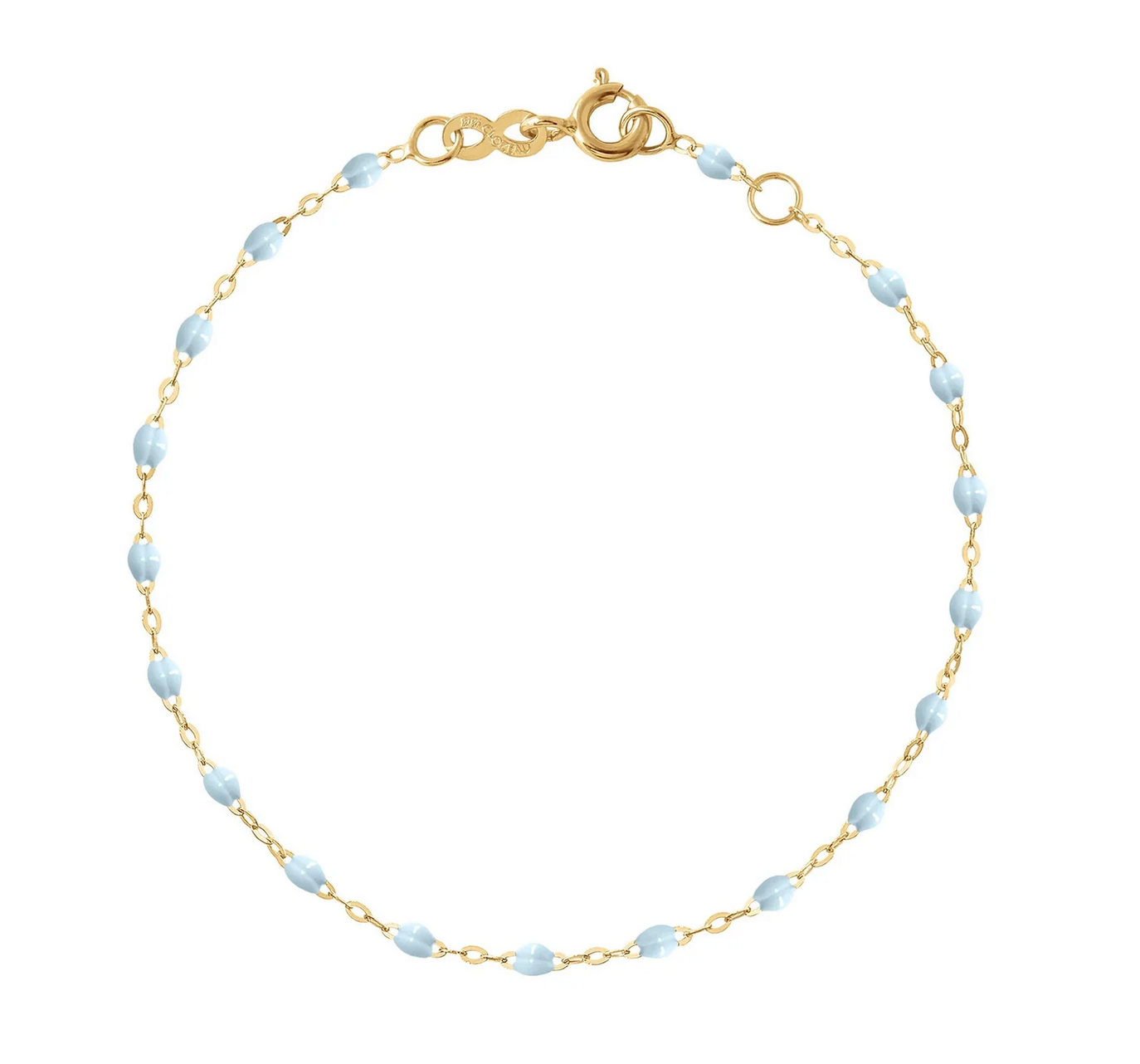 Introducing the Gigi Clozeau Little Gigi Classic Bracelet 5.1", a delicate 18K gold chain with light blue bead accents and a secure clasp.