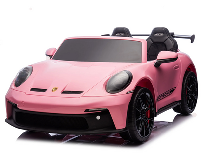 A Freddo 24V Porsche 911 GT3 Pink 2 Seater Ride-On car featuring black wheels and a rear spoiler is photographed on a white background. This stylish kids electric vehicle delivers an exciting driving experience for young enthusiasts.