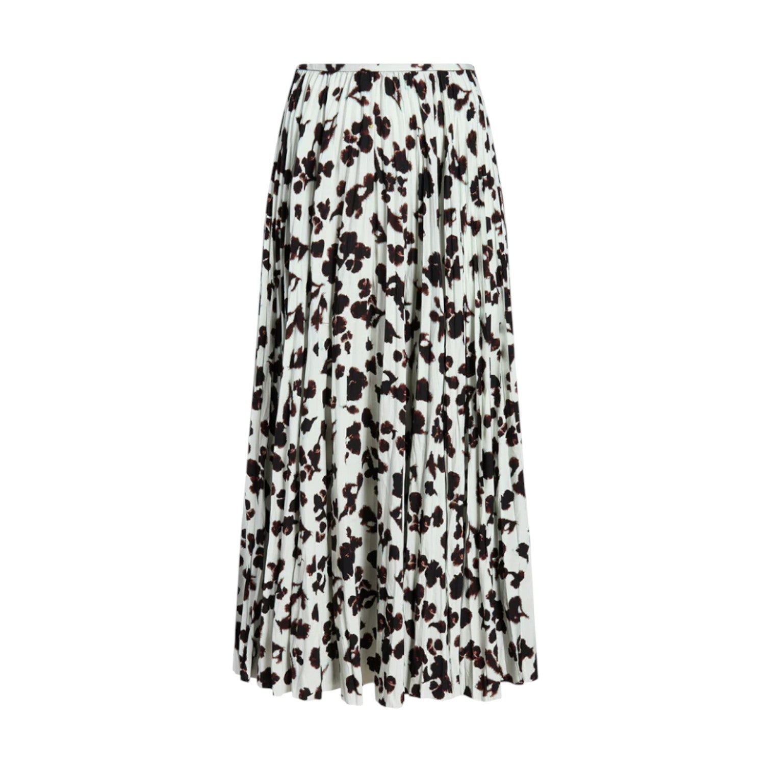 The Runa Skirt by Proenza Schouler White Label is a pleated A-line skirt with a black floral pattern on white, adding elegance to any wardrobe.