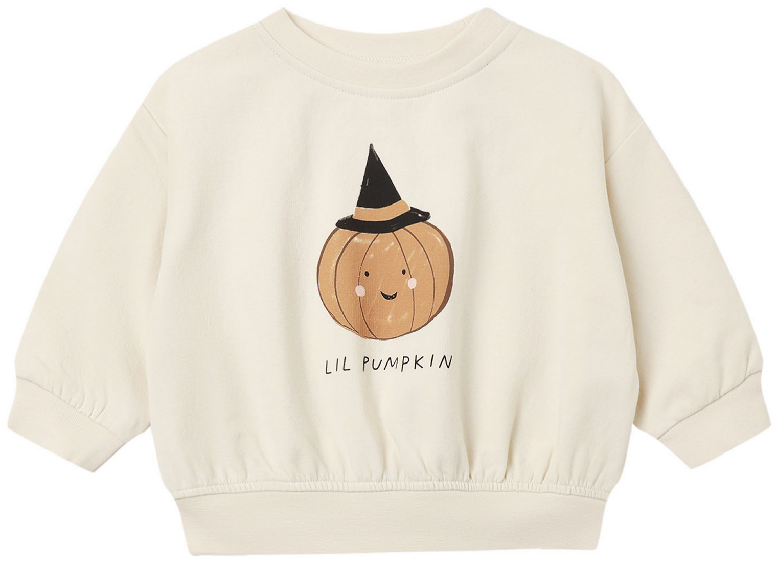 Quincy Mae’s Baby and Kids’ Relaxed Fleece Sweatshirt Lil Pumpkin is a cream-colored, irresistibly cozy essential for everyday wear, featuring a smiling pumpkin in a black witch hat and the text “LIL PUMPKIN” printed below the cheerful illustration.