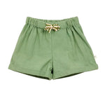Arsene & Les Pipelettes Baby Boys' Rustic Cotton Baby Short in green, featuring a textured cotton fabric, elasticated waist, and beige drawstring, displayed on a white background. These comfortable baby shorts are ideal for everyday wear.