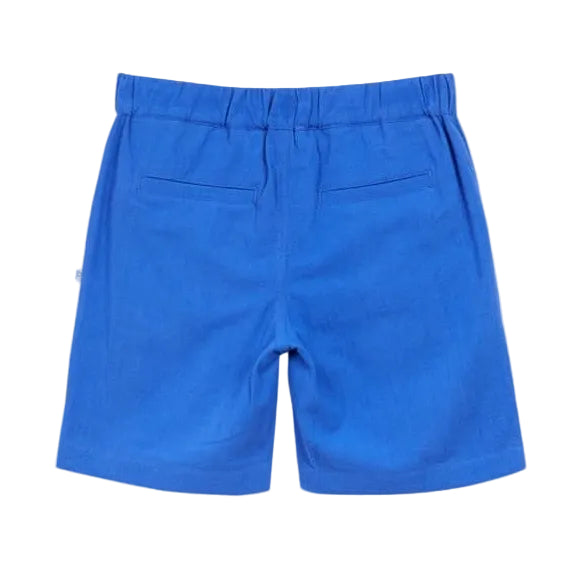 Boys' Cotton Rustic Bermuda Short by Arsene & Les Pipelettes in bright blue, crafted from textured cotton with an elasticated waist and two back pockets, displayed flat against a white background.