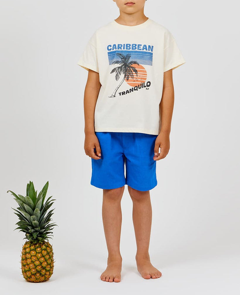 A barefoot child stands next to a pineapple, wearing a cream "Caribbean Tranquilo" T-shirt with a sunset print and bright blue Boys' Cotton Rustic Bermuda Shorts by Arsene & Les Pipelettes, featuring an elasticated waist and crafted from textured cotton, set against a plain light background.