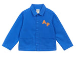Introducing the Arsene & Les Pipelettes Boys' and Girls' Cotton Rustic Jacket—a bright blue jacket for kids with a vintage effect, two front pockets, and bold orange "AP" lettering on the left chest.