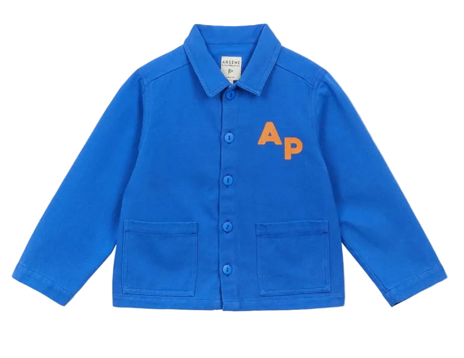 Introducing the Arsene & Les Pipelettes Boys' and Girls' Cotton Rustic Jacket—a bright blue jacket for kids with a vintage effect, two front pockets, and bold orange "AP" lettering on the left chest.
