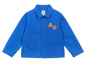 Introducing the Arsene & Les Pipelettes Boys' and Girls' Cotton Rustic Jacket—a bright blue jacket for kids with a vintage effect, two front pockets, and bold orange "AP" lettering on the left chest.