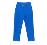 The Boys' Cotton Rustic Pant by Arsene & Les Pipelettes features a bright blue color, elasticated waist with decorative drawstring, side pockets, and a small logo on the upper left thigh—making it perfect for comfortable everyday wear.