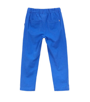 Arsene & Les Pipelettes Boys' Cotton Rustic Pant in bright blue, featuring an elasticated waist and two back pockets, shown flat with the back side facing up—ideal for everyday wear.