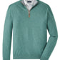 The Peter Millar Artisan Crafted Cashmere Flex Quarter-Zip in green, inspired by classic British Isles knitwear, is layered over a light gray plaid collared shirt and displayed flat on a white background.