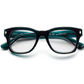 The Caddis Muzzy Reader features thick-rimmed, rectangular black frames with clear lenses and a premium hard coating, displayed facing forward.