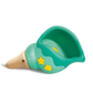 The Hape Magic Music Conch toy scoop, featuring green and yellow colors with star and fish decorations and a wooden handle, rests on its side against a white background—ideal for inspiring soothing sea sounds during play.