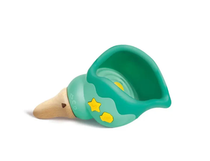 The Hape Magic Music Conch toy scoop, featuring green and yellow colors with star and fish decorations and a wooden handle, rests on its side against a white background—ideal for inspiring soothing sea sounds during play.