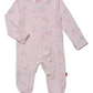 The Magnetic Me Baby White Serene Safari Footie has long sleeves, eco-friendly TENCEL modal fabric, a soft animal and tree print, and front magnetic closures for easy dressing.