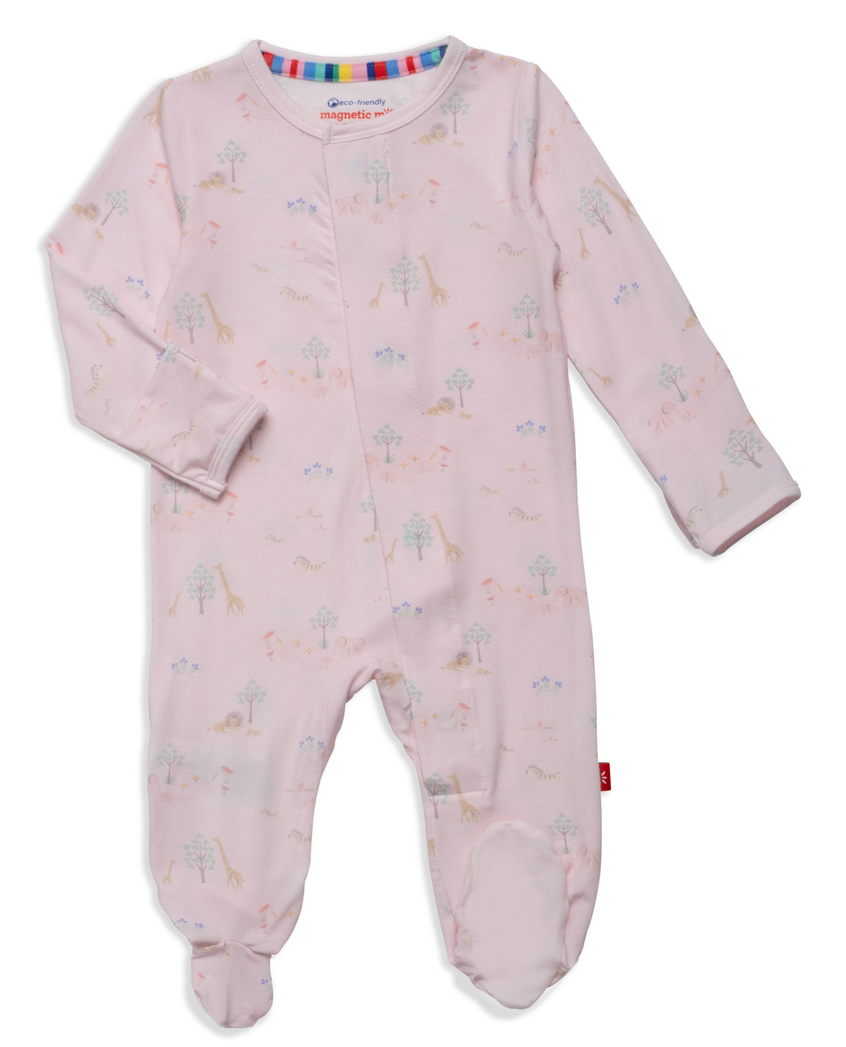 The Magnetic Me Baby White Serene Safari Footie has long sleeves, eco-friendly TENCEL modal fabric, a soft animal and tree print, and front magnetic closures for easy dressing.