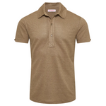 The Sebastian Linen Polo by Orlebar Brown is a tailored fit men's shirt featuring a classic collar and three-button placket, crafted in plain brown with short sleeves for a polished yet comfortable look, displayed on a white background.