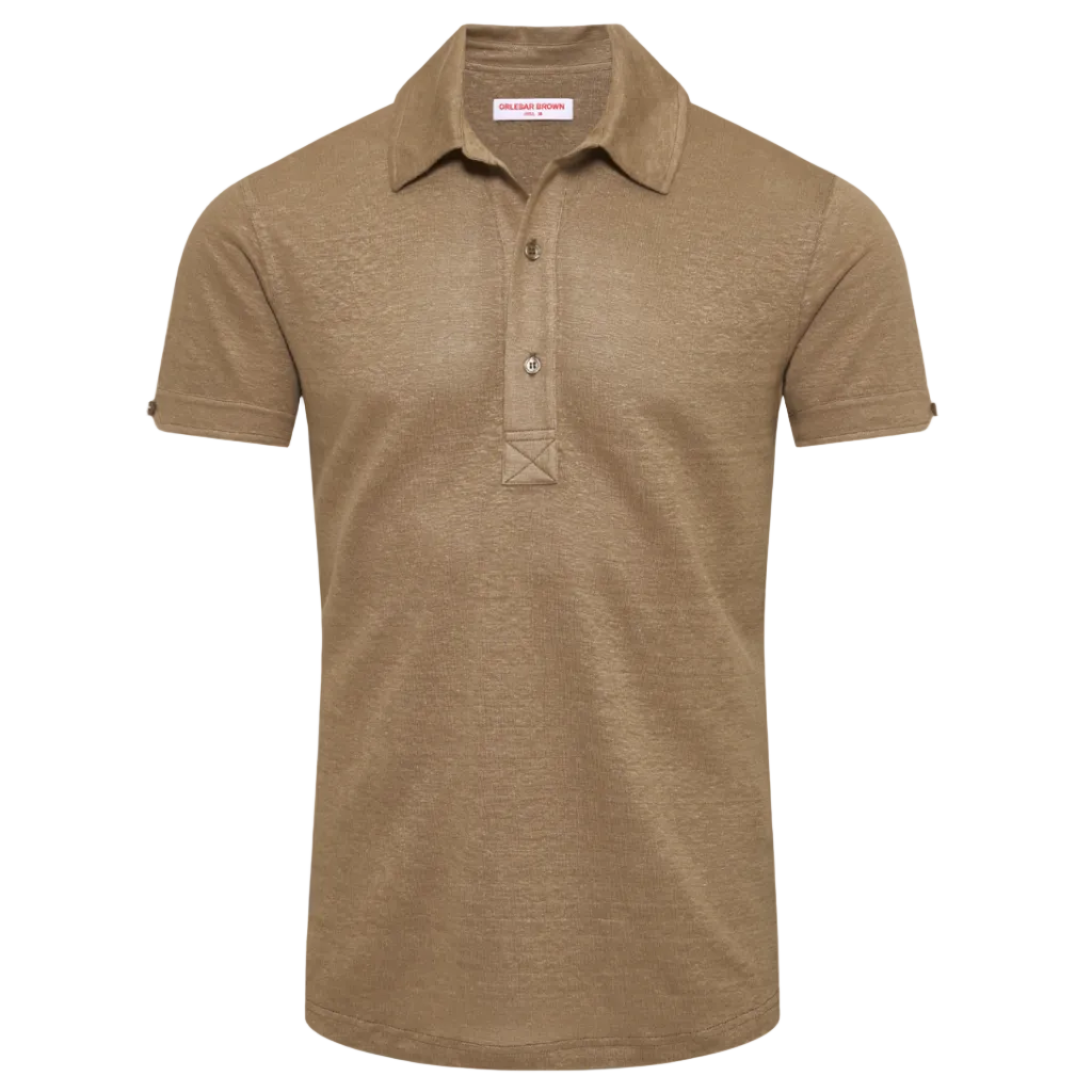 The Sebastian Linen Polo by Orlebar Brown is a tailored fit men's shirt featuring a classic collar and three-button placket, crafted in plain brown with short sleeves for a polished yet comfortable look, displayed on a white background.