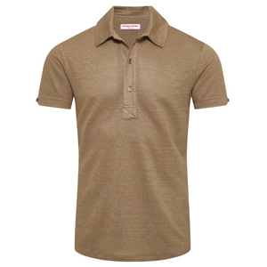 The Sebastian Linen Polo by Orlebar Brown is a tailored fit men's shirt featuring a classic collar and three-button placket, crafted in plain brown with short sleeves for a polished yet comfortable look, displayed on a white background.