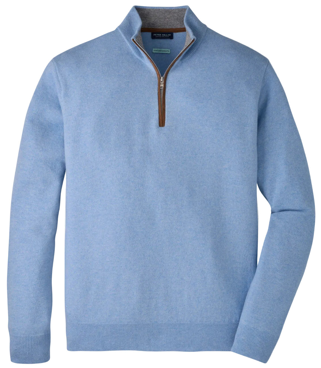 The Peter Millar Artisan Crafted Cashmere Flex Quarter-Zip in light blue features a brown zipper and stand-up collar, displayed on a white background—an elevated piece inspired by the refined tradition of Italian cashmere sweaters.
