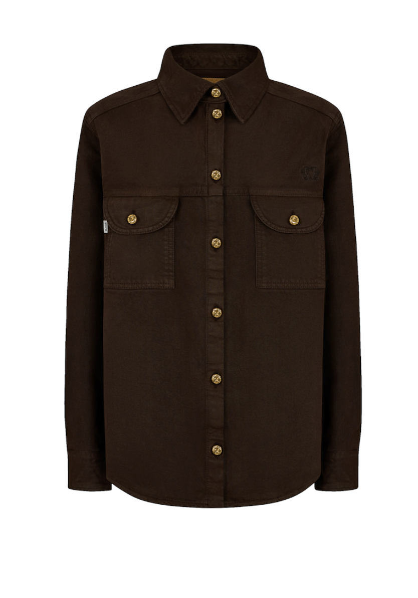 The Clapotis Berber Shirt by Blaze Milano features a dark brown hue, relaxed fit, long sleeves, two chest pockets, and gold buttons. Shown on a white background, it's ideal for effortless summer style.