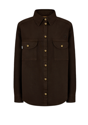 The Clapotis Berber Shirt by Blaze Milano features a dark brown hue, relaxed fit, long sleeves, two chest pockets, and gold buttons. Shown on a white background, it's ideal for effortless summer style.