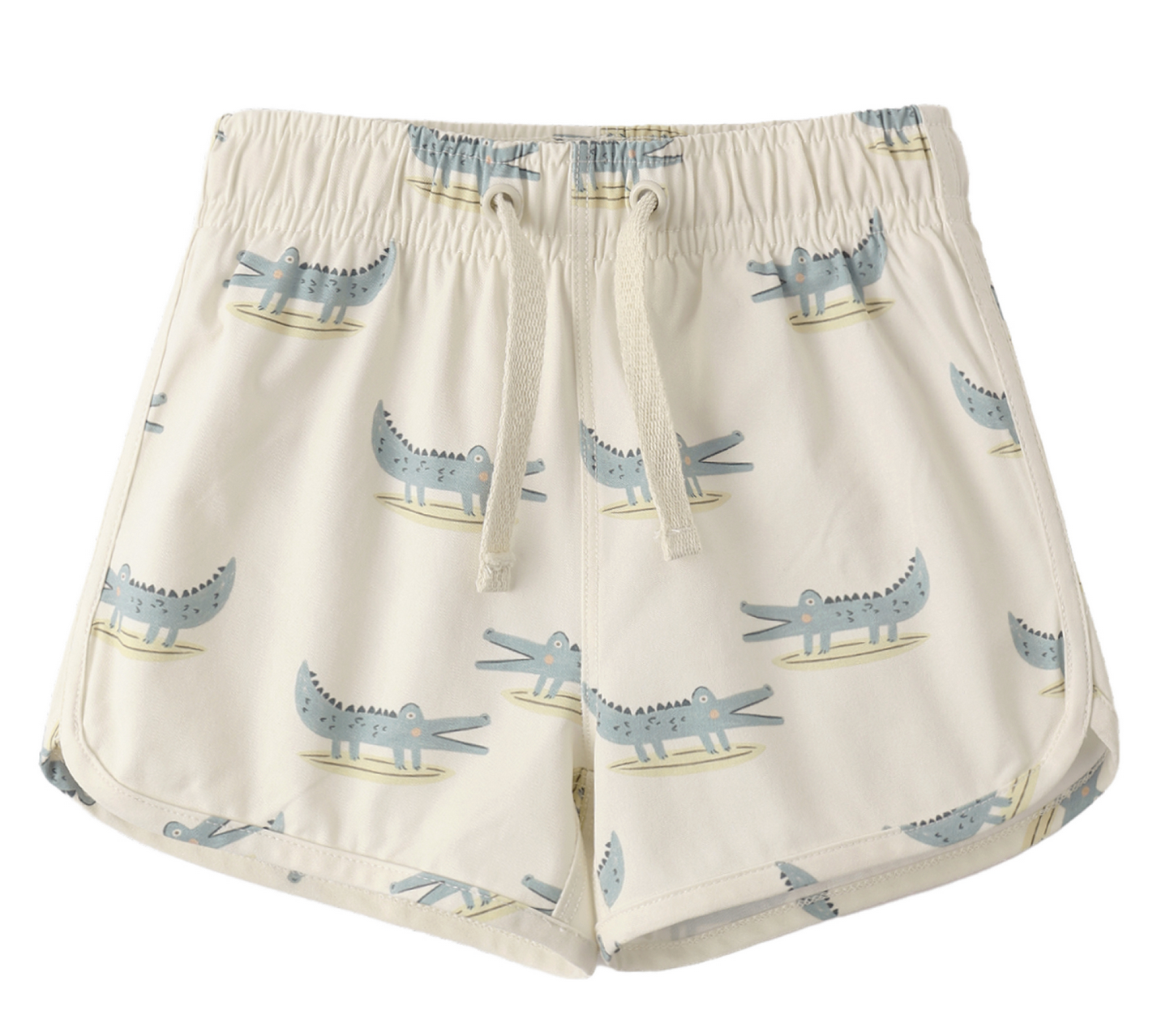 Rylee & Cru Baby Boys' and Boys' Swim Trunk: beige elastic drawstring swim trunks with mesh liner, cartoon blue crocodile pattern, and UPF 50+ sun protection.