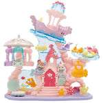 Discover the Calico Critters Baby Mermaid Castle, a colorful plastic playset with an undersea theme. It features adorable animal figures, a magical mermaid castle, sea creatures, a submarine, and a shipwreck in vibrant shades of pink, purple, blue, and yellow.