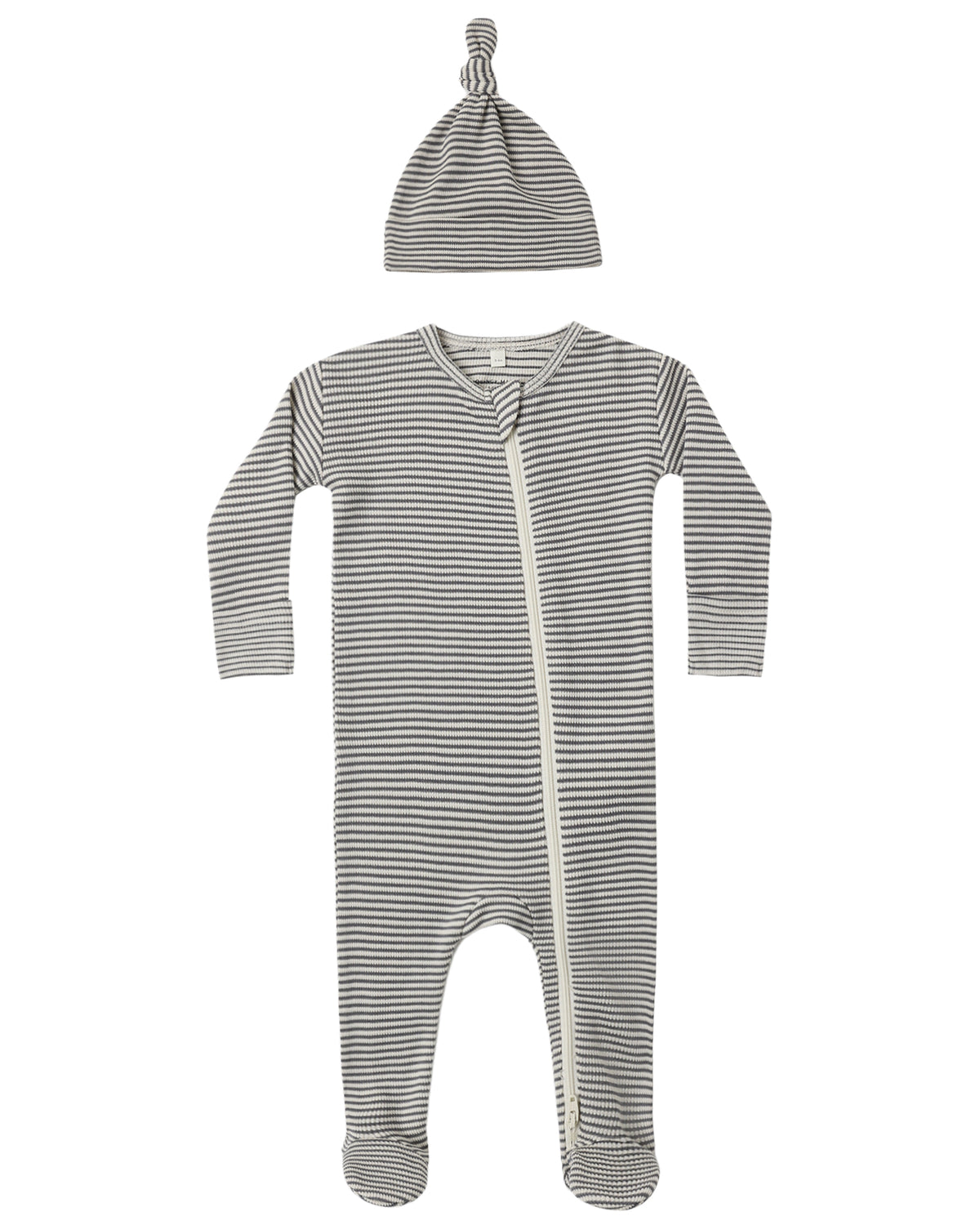 Quincy Mae Baby Waffle Sleep Set featuring a grey and white striped waffle-knit footed sleeper with a front zipper and a matching knotted hat.