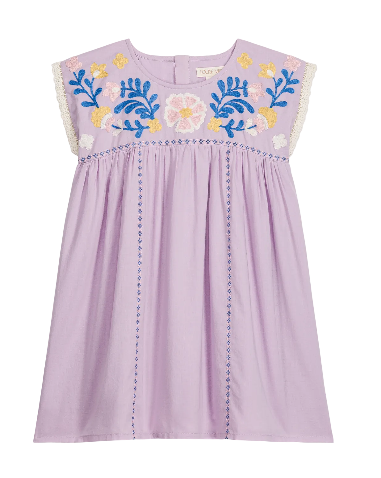 The Girls’ Talula Dress by Louise Misha is a lavender sleeveless dress made from soft cotton veil, adorned with floral embroidery on the chest, delicate lace trim on the shoulders, and blue stitched lines running vertically down the front.