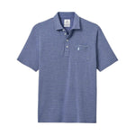 The Ryan Polo by Johnnie-O is a blue short-sleeve classic polo shirt featuring white horizontal stripes, a collar, a three-button placket, and a chest pocket—making it the ideal smart-casual choice for any occasion.