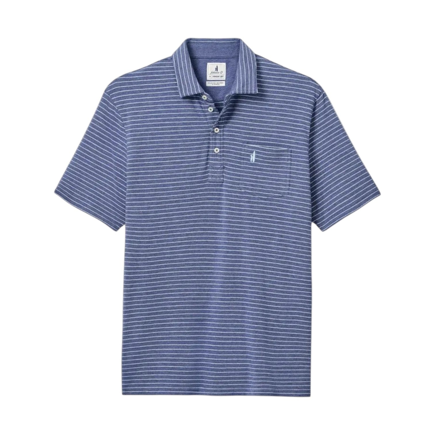 The Ryan Polo by Johnnie-O is a blue short-sleeve classic polo shirt featuring white horizontal stripes, a collar, a three-button placket, and a chest pocket—making it the ideal smart-casual choice for any occasion.