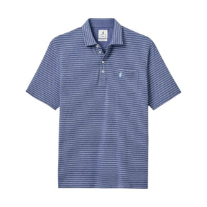 The Ryan Polo by Johnnie-O is a blue short-sleeve classic polo shirt featuring white horizontal stripes, a collar, a three-button placket, and a chest pocket—making it the ideal smart-casual choice for any occasion.