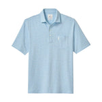 The Ryan Polo by Johnnie-O features a light blue short-sleeve design with thin white horizontal stripes, a classic collar, three-button placket, and a front chest pocket. Displayed on a white background, this striped polo is the perfect choice for any smart-casual occasion.