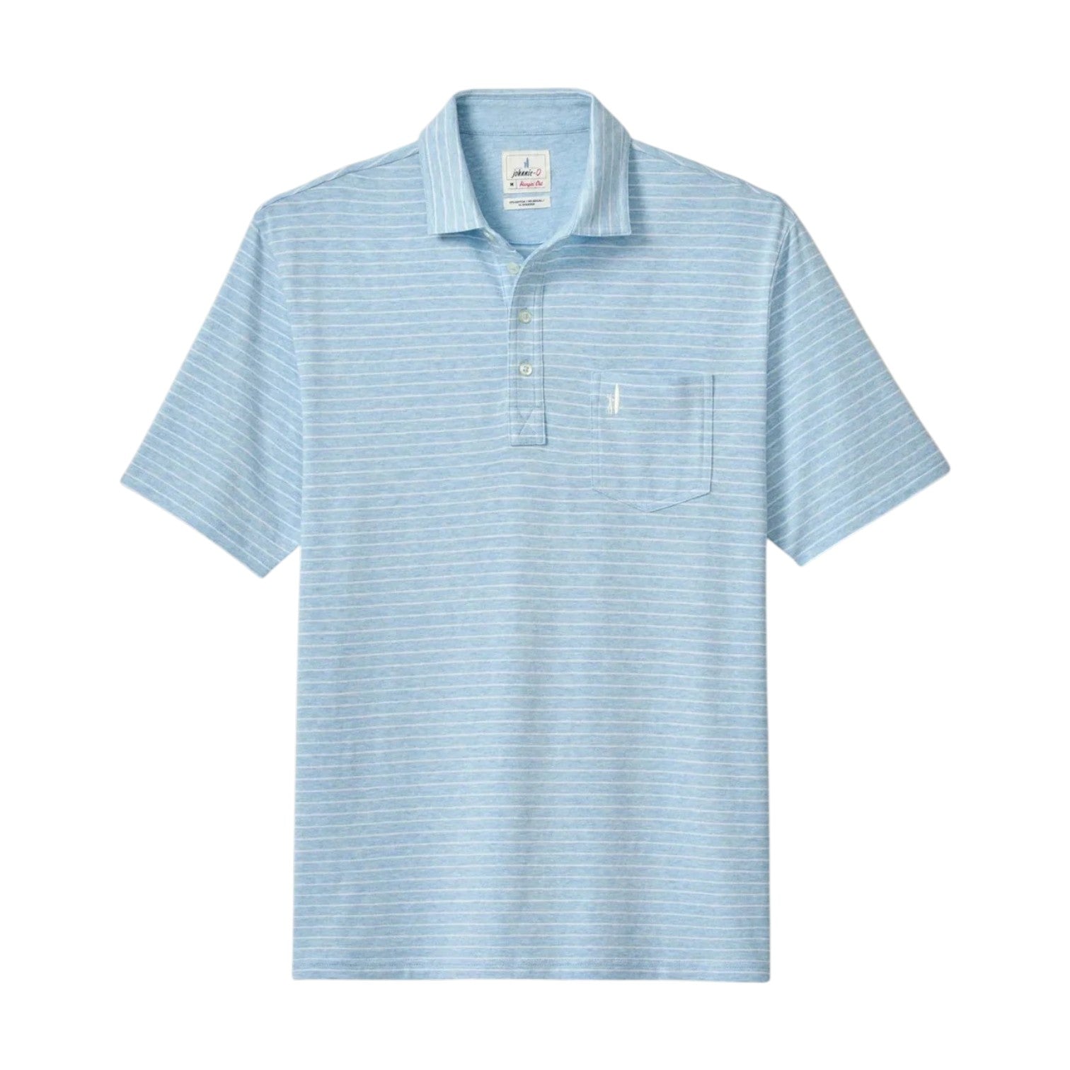 The Ryan Polo by Johnnie-O features a light blue short-sleeve design with thin white horizontal stripes, a classic collar, three-button placket, and a front chest pocket. Displayed on a white background, this striped polo is the perfect choice for any smart-casual occasion.