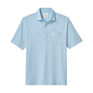 The Ryan Polo by Johnnie-O features a light blue short-sleeve design with thin white horizontal stripes, a classic collar, three-button placket, and a front chest pocket. Displayed on a white background, this striped polo is the perfect choice for any smart-casual occasion.
