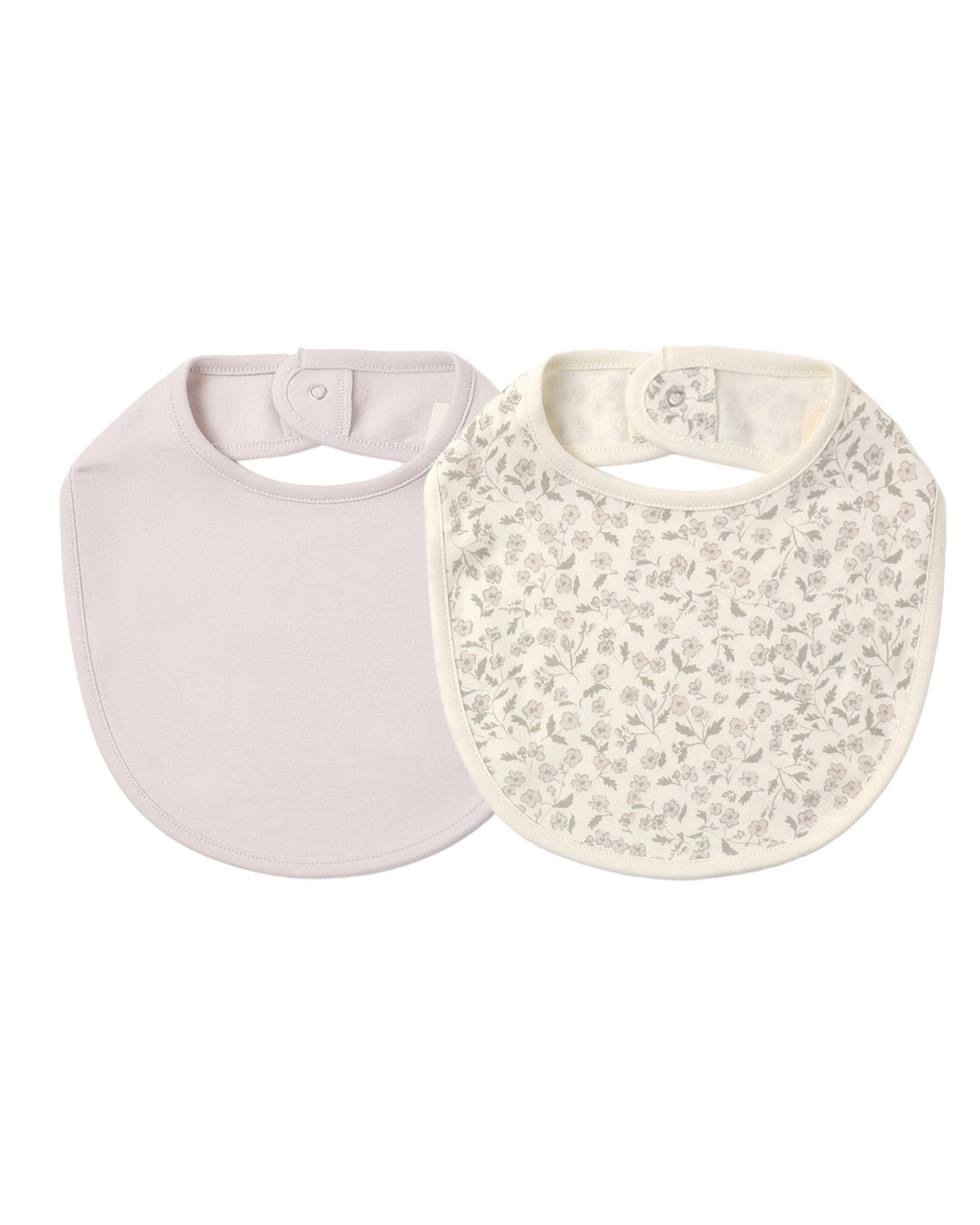 The Quincy Mae Jersey Snap Bib, 2-Pack includes two soft brushed jersey bibs—one in a solid light lavender and the other in white with a delicate floral print—each featuring a convenient snap closure at the back of the neck.