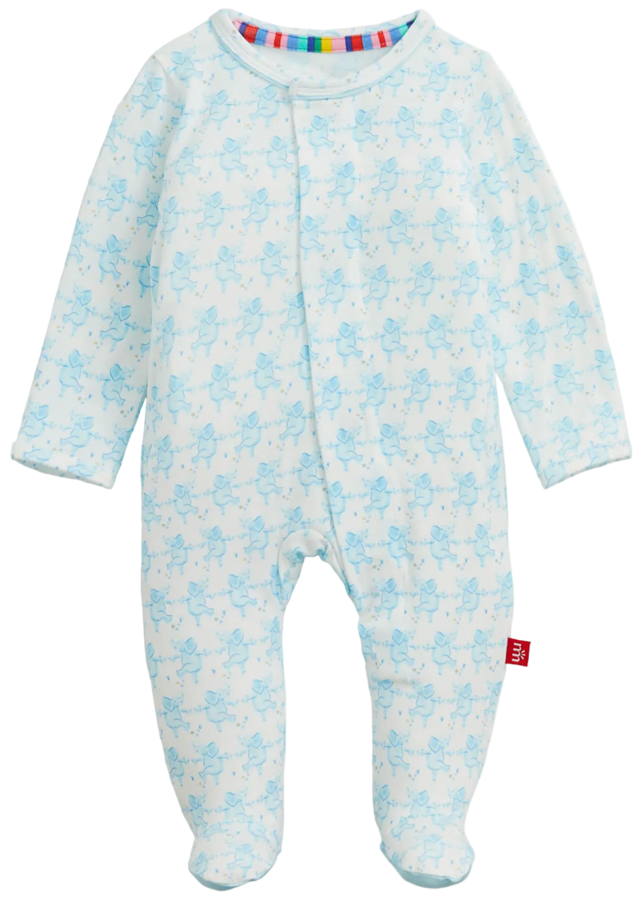 The Magnetic Me Baby Trunkettes Footie features a light blue color with a subtle animal print and a multicolored neckline trim, shown on a white background.